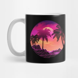 Pink vaporwave landscape with rocks and palms Mug